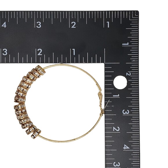 Large Gold Tone Rhinestone Charms Pierced Hoop Earrings 2 3/4" - Picture 9 of 9